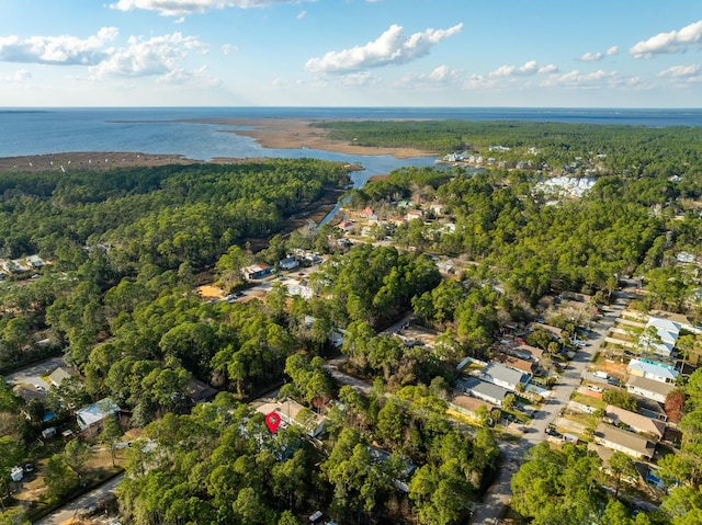 bird's eye view with a water view and a view of trees