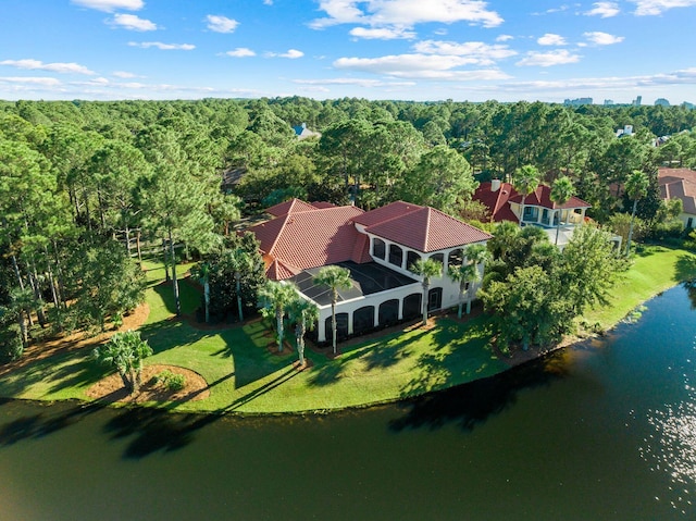 birds eye view of property with a water view