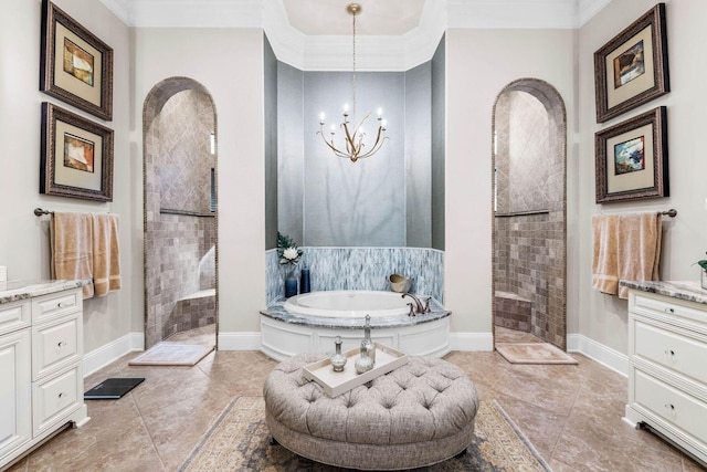 3400 Ravenwood Ln, Miramar Beach, FL 32550 - full bath with vanity, a bath, a chandelier, a walk in shower, and ornamental molding