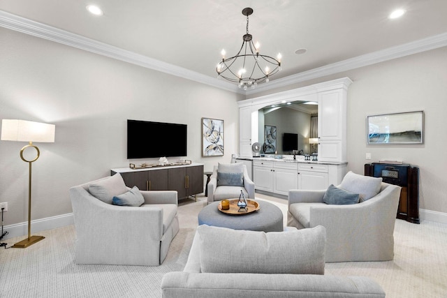 living room with light carpet, an inviting chandelier, and ornamental molding