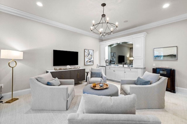 3400 Ravenwood Ln, Miramar Beach, FL 32550 - living room featuring a chandelier, light colored carpet, ornamental molding, baseboards, and recessed lighting