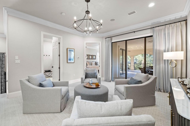 carpeted living room with ornamental molding and a notable chandelier