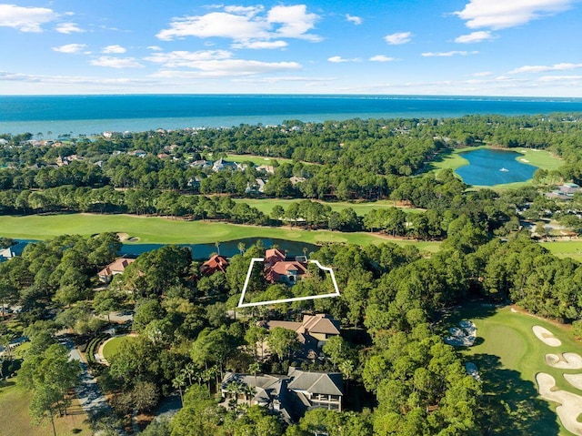 3400 Ravenwood Ln, Miramar Beach, FL 32550 - aerial view of property's location featuring a golf club, a nearby body of water, property parcel outlined, and a tree filled landscape