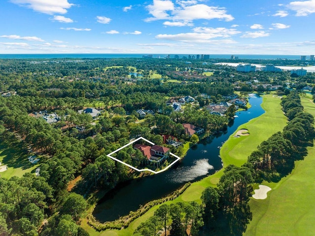 drone / aerial view featuring a water view