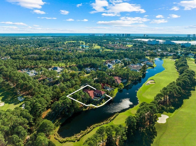 3400 Ravenwood Ln, Miramar Beach, FL 32550 - aerial overview of property's location with property parcel outlined, a large body of water, and a local golf course