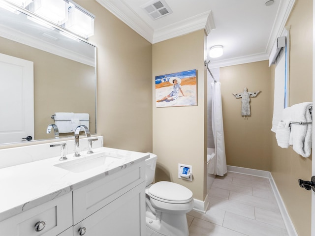 full bathroom with vanity, tile patterned floors, toilet, shower / bathtub combination with curtain, and ornamental molding