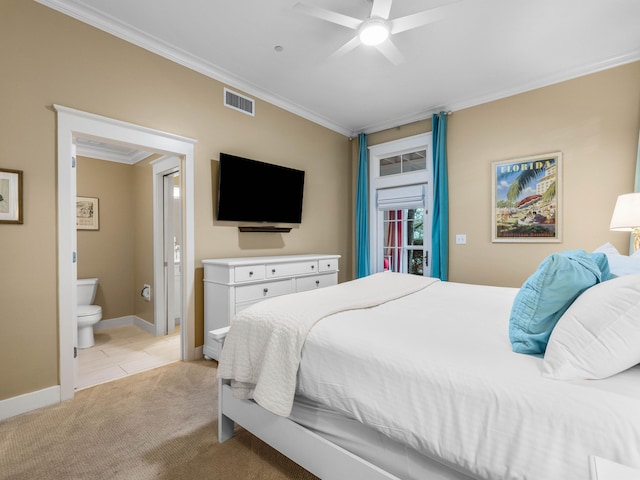 carpeted bedroom featuring ceiling fan, ornamental molding, and connected bathroom