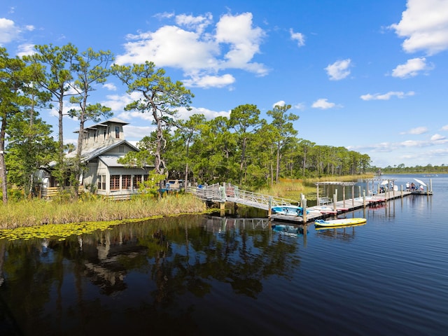 view of dock with a water view