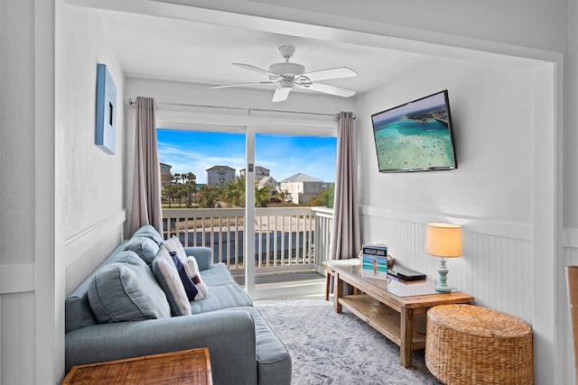 interior space featuring ceiling fan