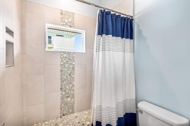 bathroom with toilet and a shower with curtain