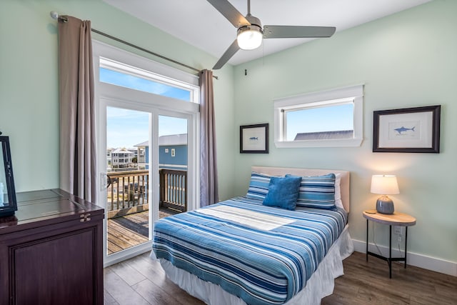 bedroom with ceiling fan, hardwood / wood-style floors, and access to outside