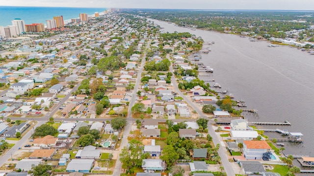 bird's eye view with a water view