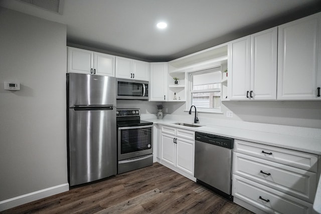 kitchen featuring appliances with stainless steel finishes, white cabinetry, dark wood-type flooring, and sink