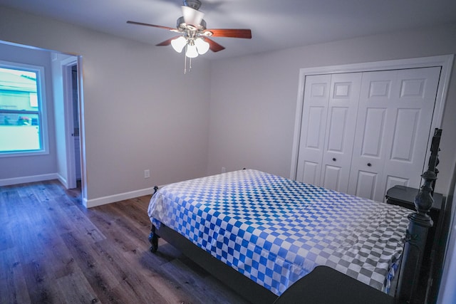 bedroom featuring ceiling fan, a closet, and wood-type flooring