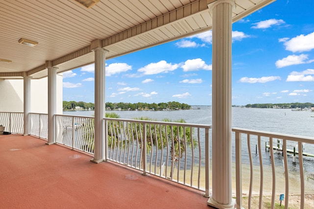 exterior space with a water view