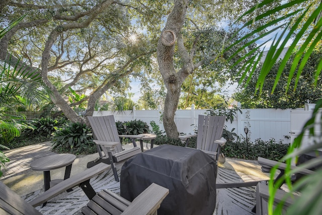 wooden terrace with grilling area and a patio area