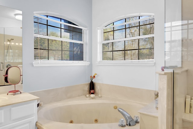 bathroom featuring vanity and independent shower and bath