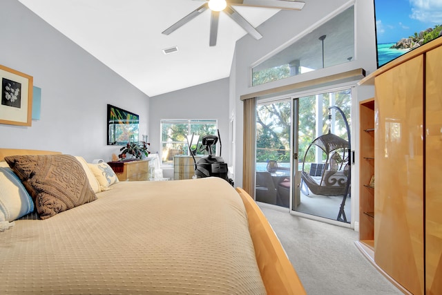 bedroom featuring carpet floors, access to outside, high vaulted ceiling, and ceiling fan