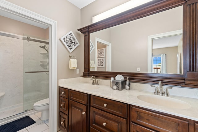 bathroom with tile patterned flooring, vanity, toilet, and a shower with door