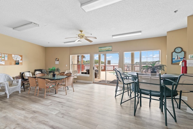 dining area with ceiling fan, light hardwood / wood-style floors, and a textured ceiling