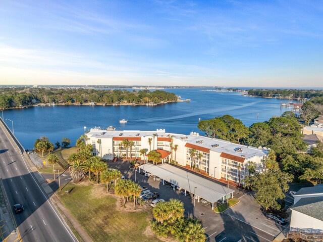 birds eye view of property with a water view