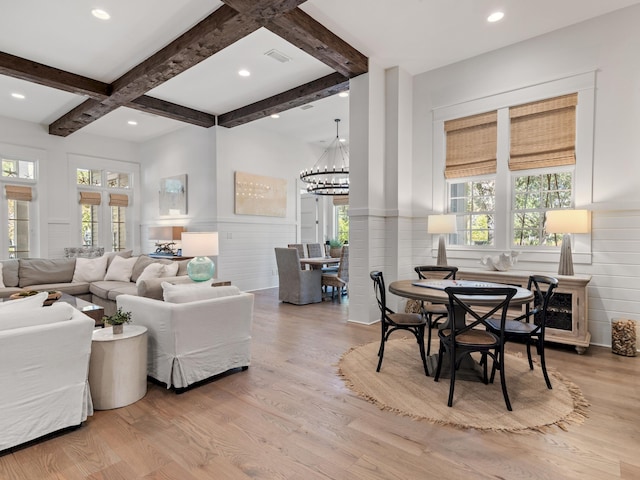 11 Acorn Way, Santa Rosa Beach, FL 32459 - living room with light wood-style floors, beam ceiling, a chandelier, recessed lighting, and wainscoting