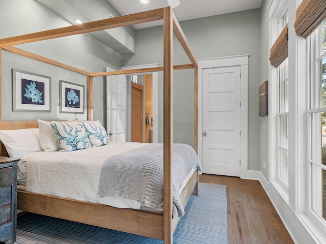 bedroom with wood-type flooring and a closet