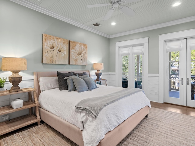 11 Acorn Way, Santa Rosa Beach, FL 32459 - bedroom with access to exterior, a wainscoted wall, recessed lighting, crown molding, and wood finished floors