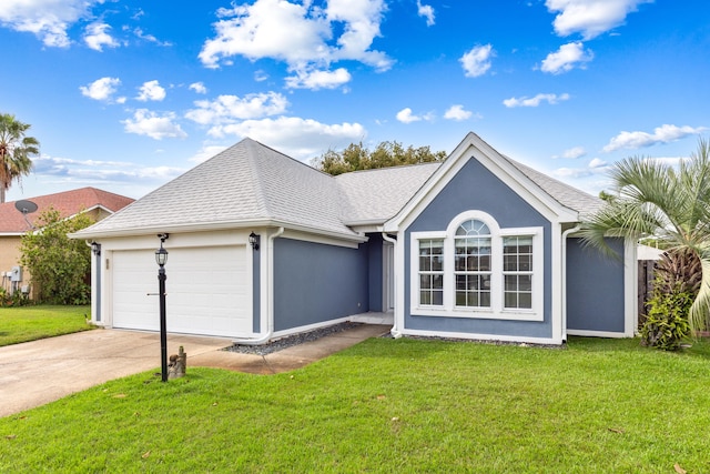 ranch-style home with a garage and a front lawn