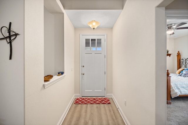 doorway featuring ceiling fan, light hardwood / wood-style floors, and a textured ceiling