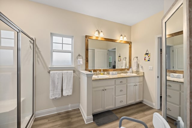 bathroom with hardwood / wood-style flooring, vanity, and walk in shower