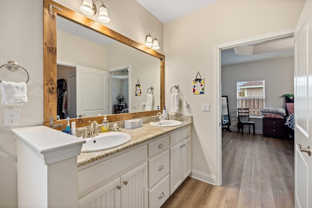 bathroom with hardwood / wood-style flooring and vanity