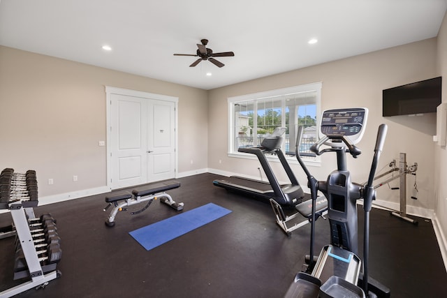 workout area with ceiling fan