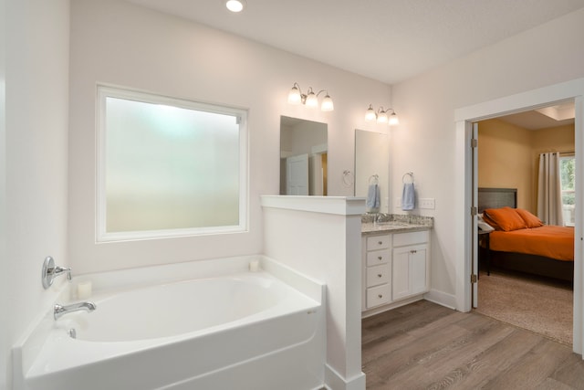 bathroom with wood-type flooring, a bathtub, and vanity