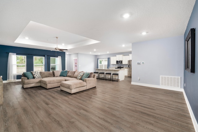 living room with dark hardwood / wood-style floors, ceiling fan, and a tray ceiling