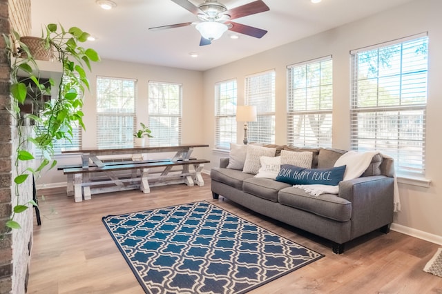 living room featuring hardwood / wood-style flooring, ceiling fan, and plenty of natural light