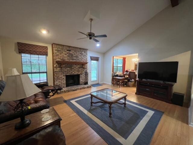 living room with a fireplace, a wealth of natural light, and hardwood / wood-style floors