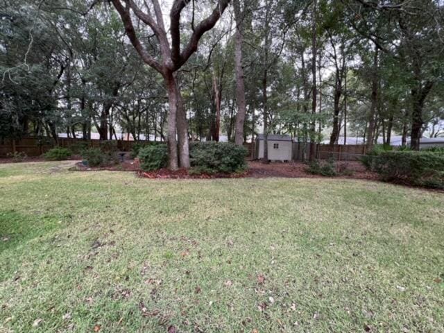 view of yard with a storage shed, an outdoor structure, and a fenced backyard