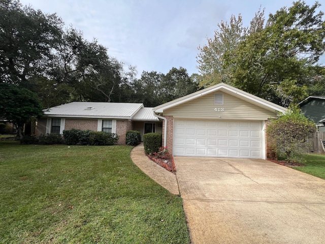 ranch-style house featuring a garage, a front lawn, concrete driveway, and brick siding