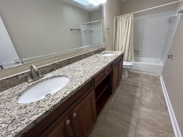 bathroom featuring a sink, shower / bathtub combination with curtain, toilet, and double vanity