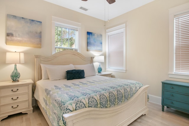 bedroom featuring ceiling fan and light hardwood / wood-style floors