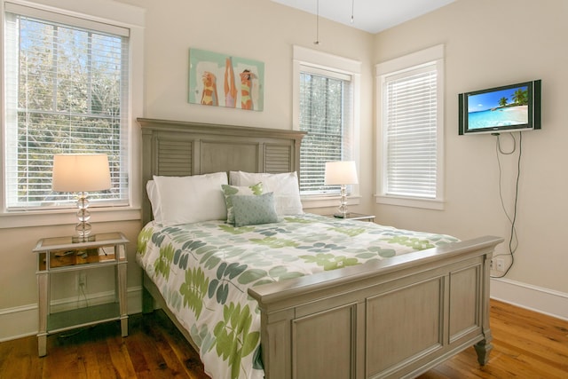 bedroom featuring dark hardwood / wood-style flooring and multiple windows