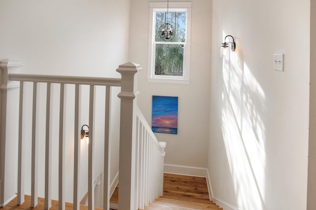 stairway featuring hardwood / wood-style flooring and a notable chandelier