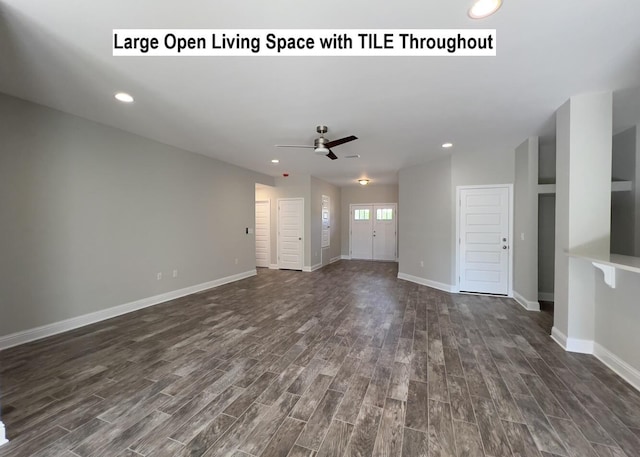 unfurnished living room featuring ceiling fan, baseboards, dark wood finished floors, and recessed lighting