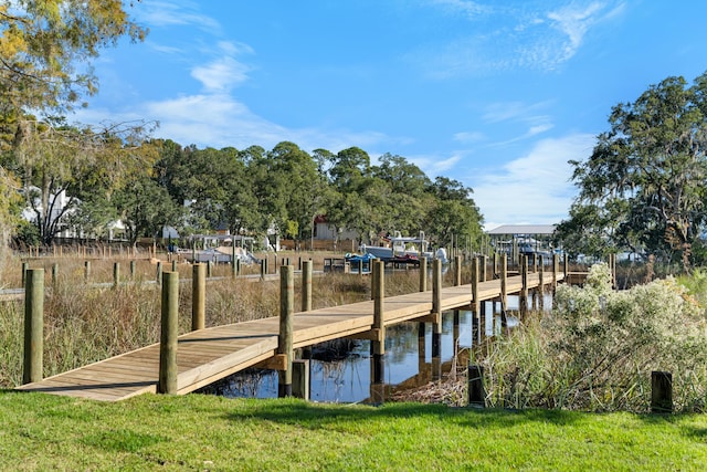 dock area with a yard and a water view