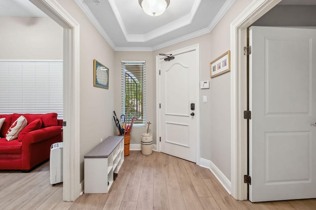 entryway with a tray ceiling, light hardwood / wood-style floors, and ornamental molding