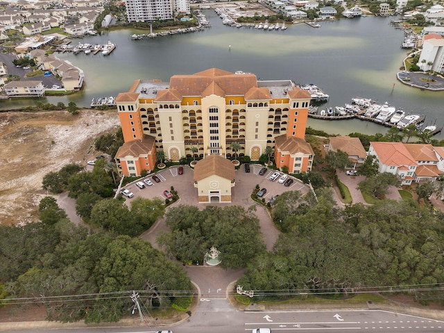 birds eye view of property featuring a water view