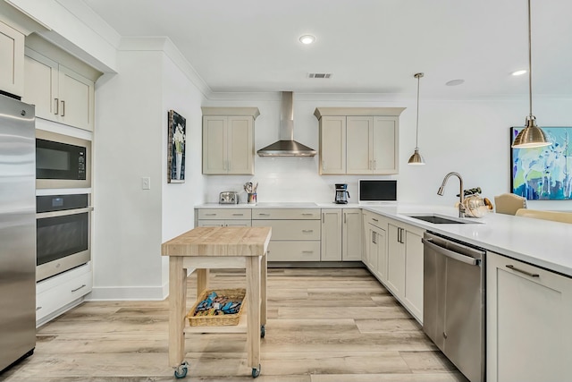 kitchen with pendant lighting, wall chimney range hood, sink, light wood-type flooring, and appliances with stainless steel finishes