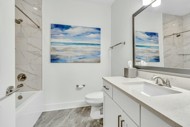 full bathroom with tiled shower / bath combo, toilet, and vanity