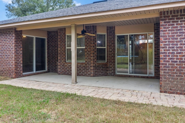 exterior space featuring ceiling fan and a patio